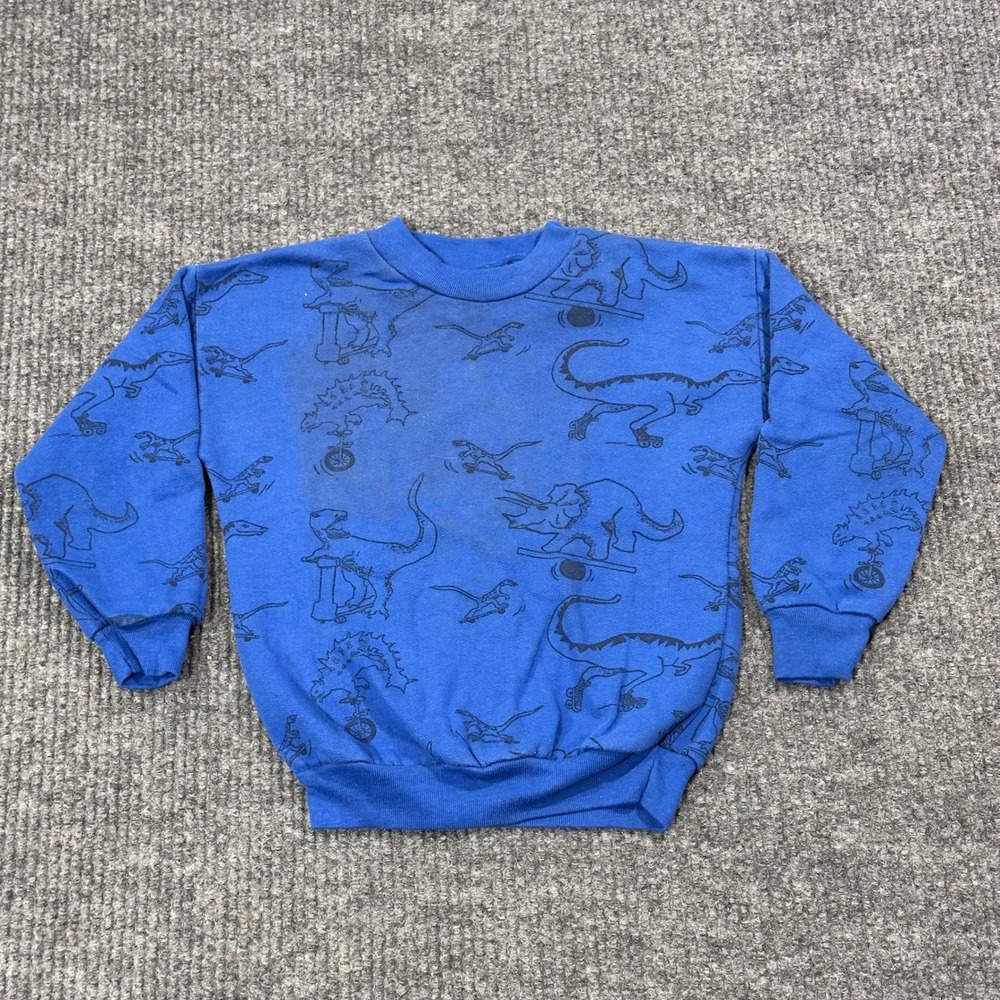 Vintage Sweatshirt Kids Medium All Over Dinosaur AOP USA 80s 90s T-Rex Jurassic